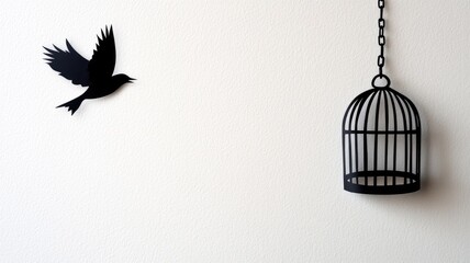 Silhouette of bird flying from empty cage hanging by chain