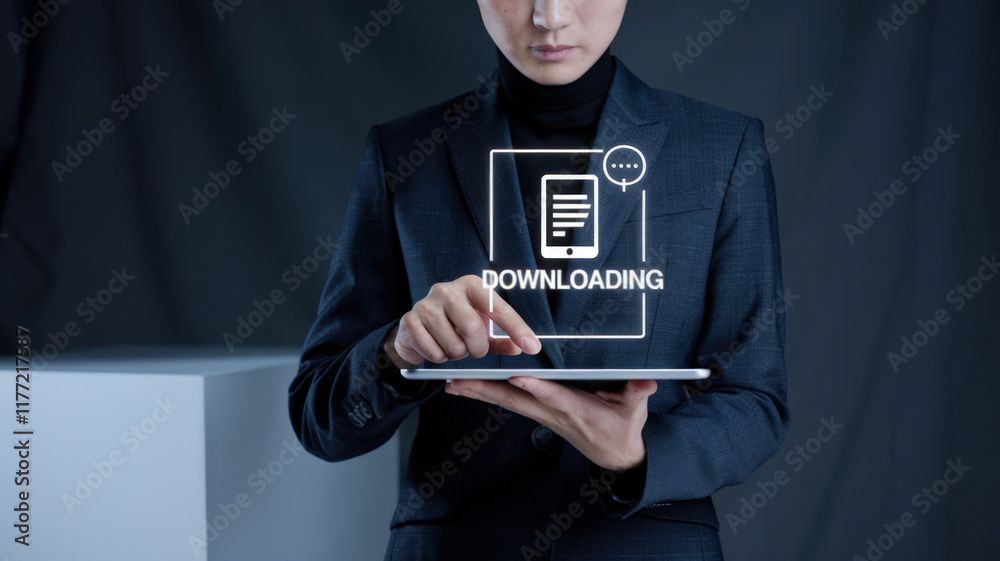 Poster portrait of business people collaborating on a computer to download or install software for enhanced