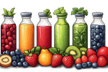 A set of icons representing healthy organic food items such as fruits, vegetables, nuts, and smoothies. Each icon is simplified with clear lines and minimal color palettes