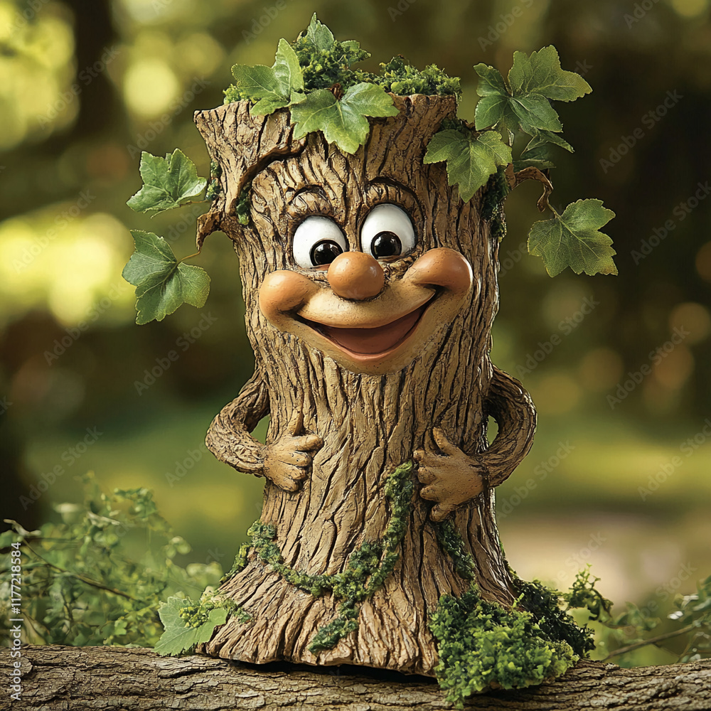 Poster Smiling tree trunk with eyes and leaves in a whimsical forest setting