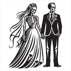 skeleton bride and groom illustration Vector, wedding skull clipart Design

