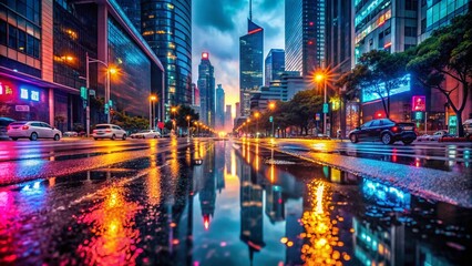 Obraz premium Aerial View Wet City Asphalt After Rain - Drone Photography