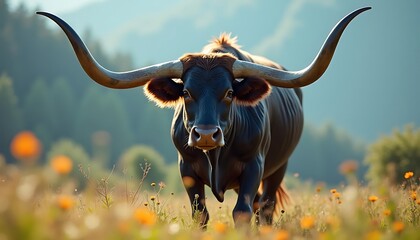 Majestic Texas Longhorn Bull in a Wildflower Meadow,  Impressive Horns and Dark Coat