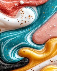 Obraz premium Abstract Swirling Paint Texture Teal Peach Gold White Fluid Art Background