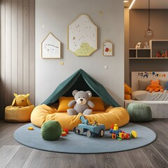 Beautiful interior of modern childrens room filled with educational toys and creative decor