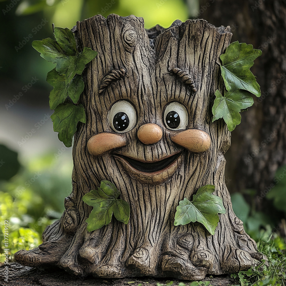 Aufkleber Smiling tree trunk sculpture with leaves in a whimsical forest setting