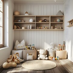 Stylish interior of modern childrens room designed with toys and child friendly functional furniture