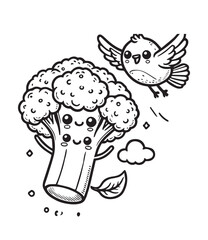 Coloring book broccoli fly with bird illustration 