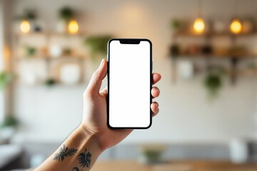 Hand holding a smartphone with blank screen, cozy indoor setting, blurred background, concept of technology, mobile display, user interface. Ai generative