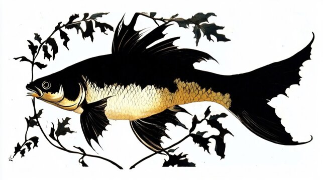 Golden Fish with Black Fins and Tail: A Vintage Illustration