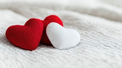 Fototapeta premium Three fabric hearts, two red and one white, on soft textured surface