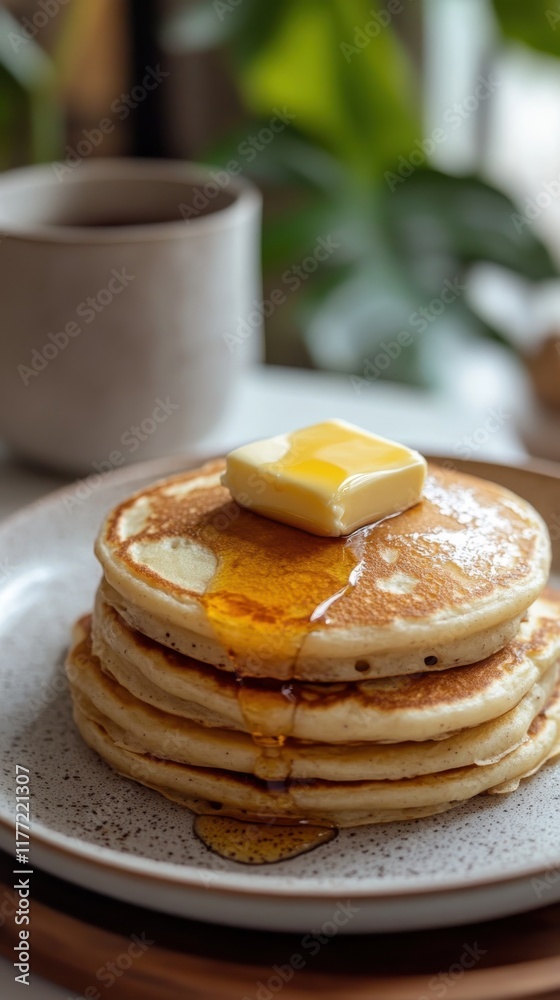 Poster stack of fluffy pancakes topped with melting butter and syrup in a cozy morning setting
