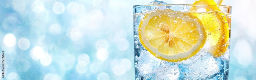 Poster refreshing beverage with lemon slices and ice in a clear glass with a vibrant watercolor background