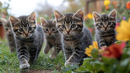 Obraz premium Four tabby kittens walking in a garden with colorful flowers in the background