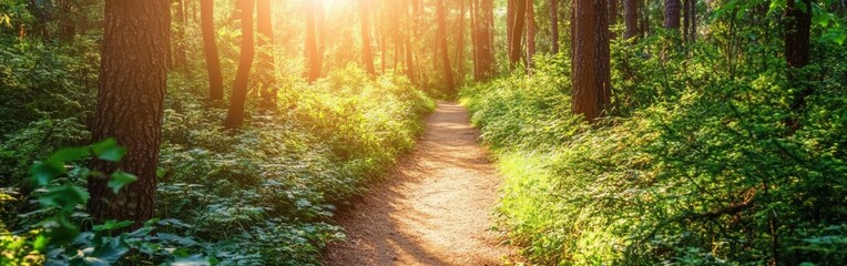 Obraz premium Tranquil wooded path illuminated by morning sun in lush forest greenery near a serene trail