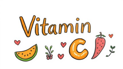 Hand-drawn Vitamin C illustration with fruits and hearts, playful design