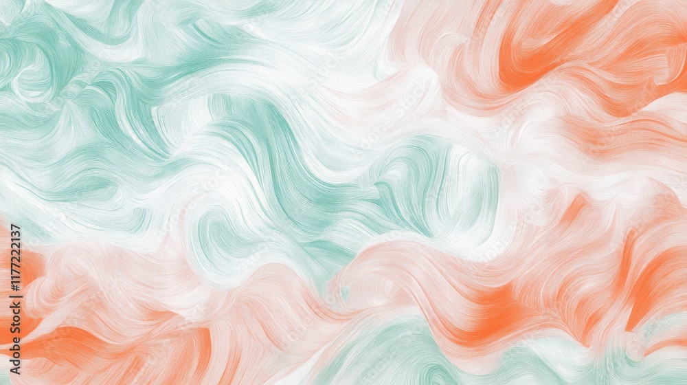 Poster Soft waves of pastel mint and coral dance across a textured surface, creating a serene and calming visual experience for the viewer
