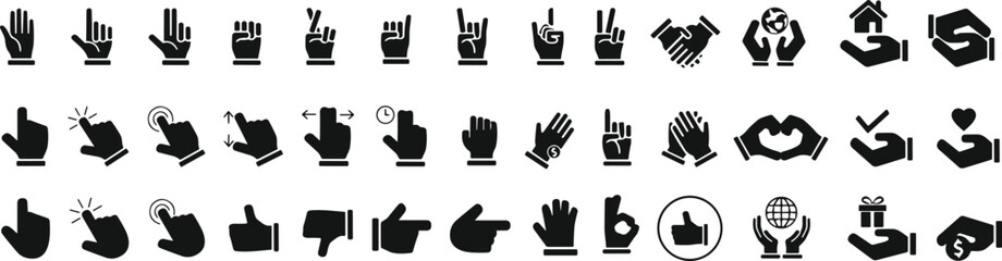 Gestures silhouettes set. Human hands signs, okay, peace, heart, call position, gift giving. Cartoon hand palms gestures flat vector illustration.