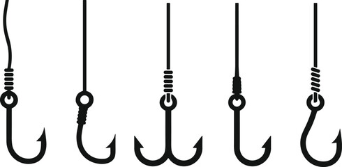 Set of fishing hook vector illustration, hooks for fish, different shapes ,Hook icons