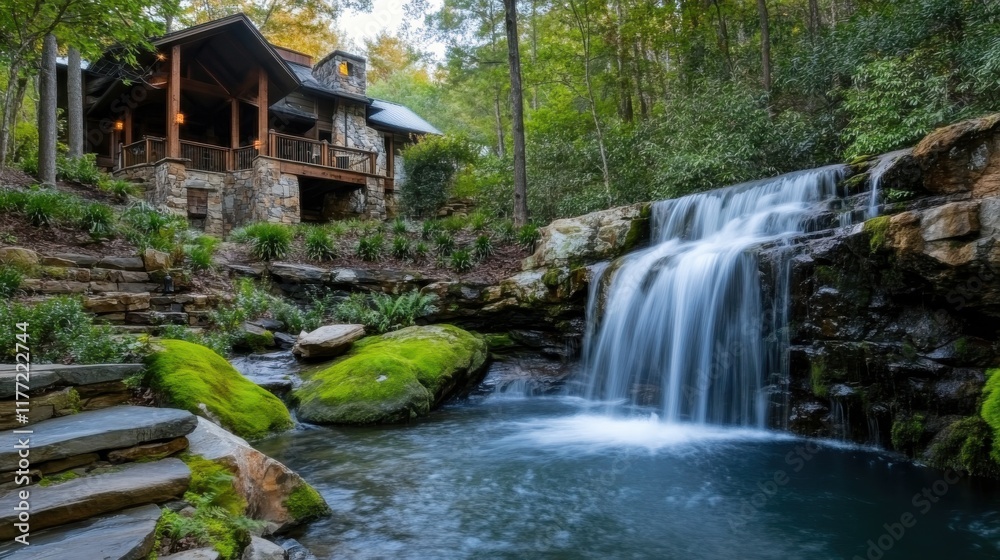 Poster serene waterfall cascading beside a rustic cabin in a lush forest setting