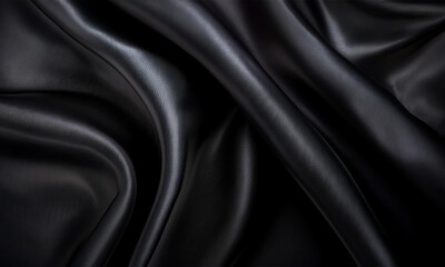 Luxurious, smooth black silk fabric with elegant waves and a rich, glossy texture, perfect for premium backgrounds, fashion concepts, and textile or design projects.