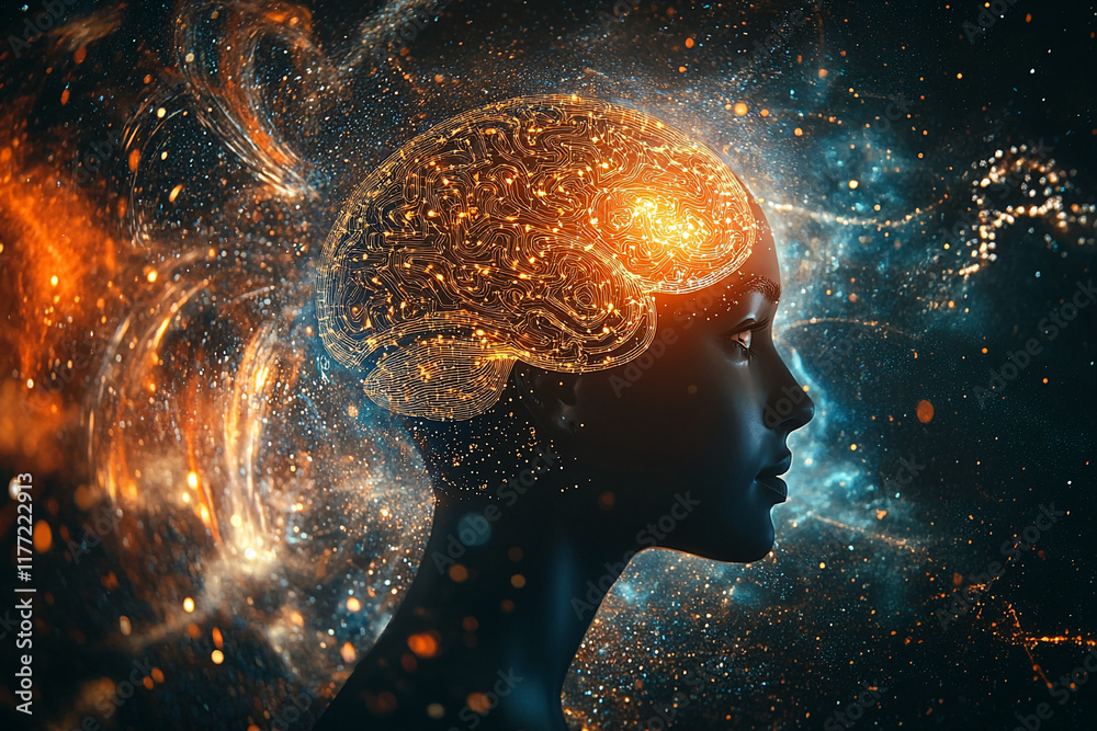 Poster Futuristic human brain with glowing neural pathways in cosmic setting