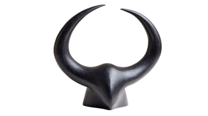 Sculptural black bull head with curved horns