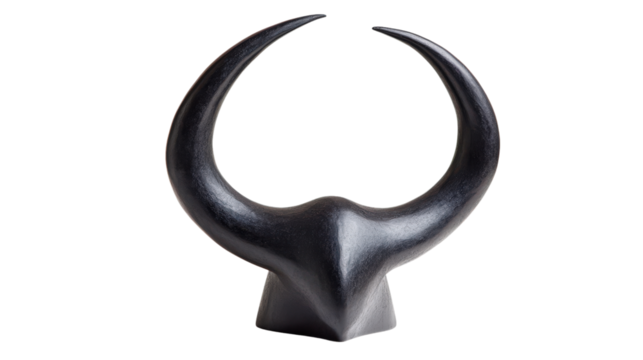 Sculptural black bull head with curved horns