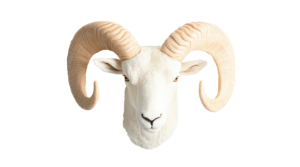 White ram head with large curved horns on transparency background