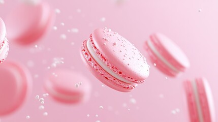 Obraz premium Pink macarons float delicately against a soft pink background, sprinkled with tiny glimmers, creating a whimsical and sweet aesthetic.