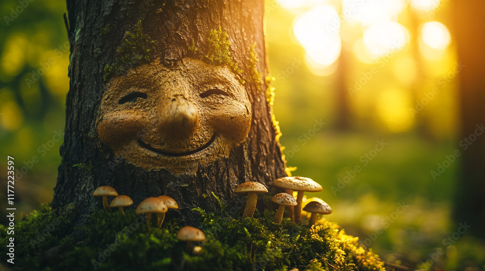 Poster smiling tree face surrounded by mushrooms in a forest during sunset