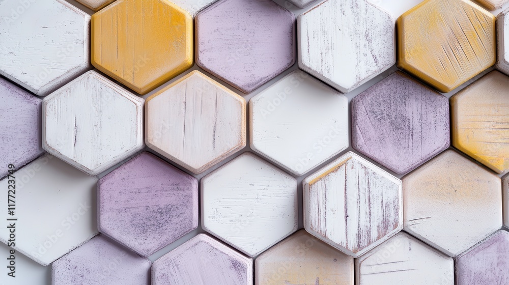 Poster Hexagonal tiles arranged in a beautiful pattern on a clean white background creating an elegant decorative effect