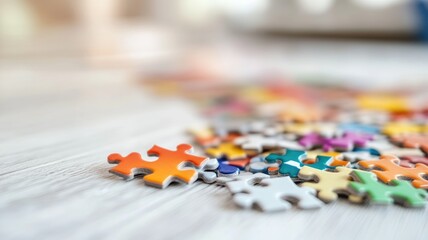 Close-up of colorful jigsaw puzzle pieces scattered on wooden surface