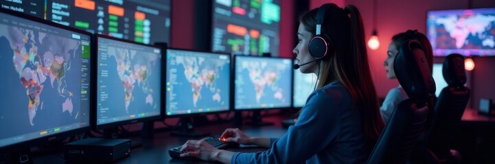 Fototapeta premium Woman sitting at a console with multiple screens and headsets on her ears, office space, communication devices