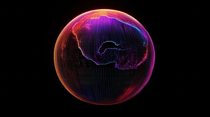 Creative 3d rendering sphere made of neon dots. Global network connection. Globe Grid. Worldwide communication. Futuristic earth globe. Science, technology and illustration on dark backdrop