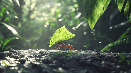 Obraz premium A realistic photo of a native leafcutter ant species carrying a piece of leaf, its detailed body glistening under the sun in a native jungle ecosystem