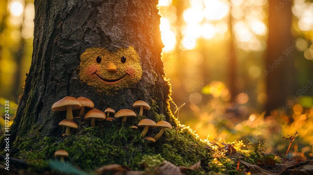 Poster smiling tree bark face surrounded by mushrooms in a sunlit forest