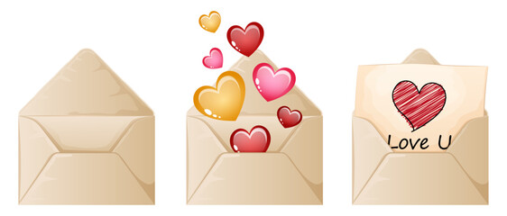 Opened Valentine`s Love Letters Collection with Empty Envelope, Colorful Hearts Coming Out and Love U Message with Heart Drawing. Cartoon Vector Art