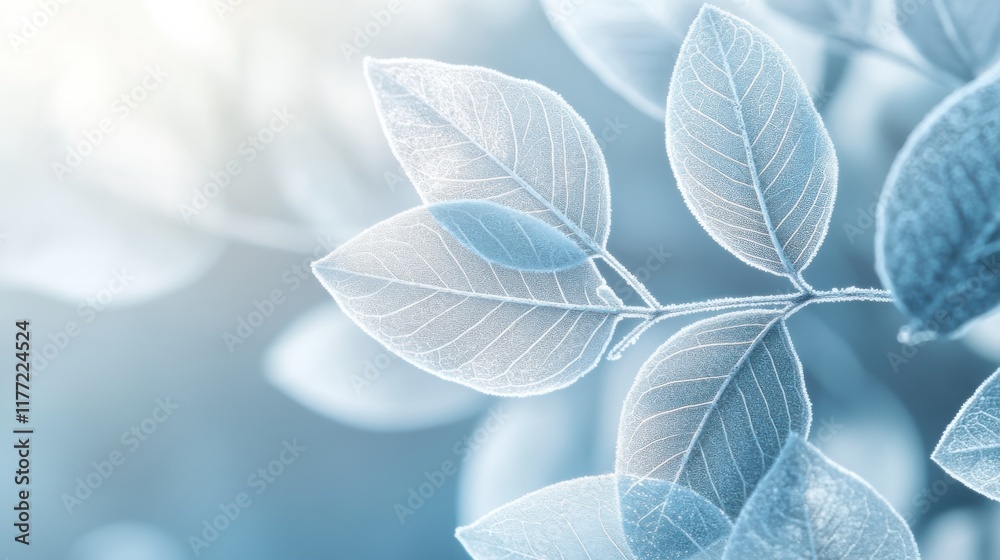 Poster Frosted silver leaves with delicate edges create a serene and ethereal atmosphere in a tranquil setting