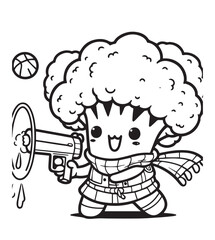 Coloring book cute broccoli play with water gun 