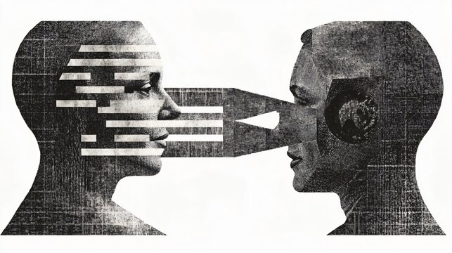 Intriguing monochrome artwork of two faces, exploring themes of communication, connection, and the exchange of thoughts and ideas.