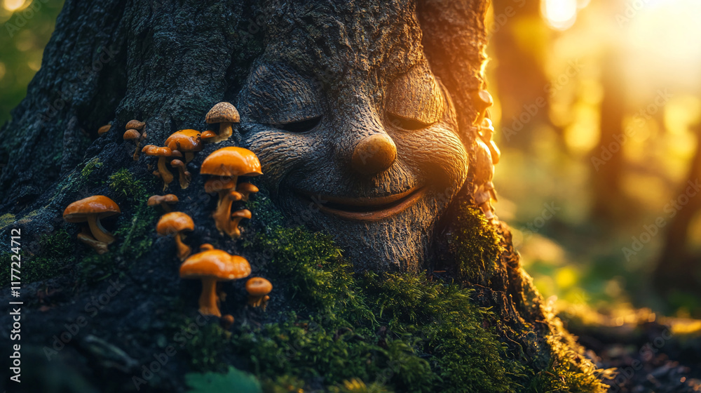 Poster Smiling tree trunk with mushrooms and moss in a sunlit forest scene