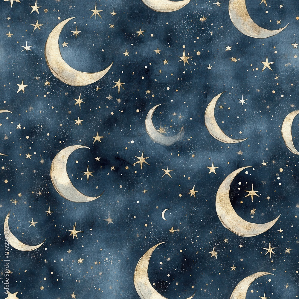 Poster intricate doodle cartoon drawing of moons and stars in a dark starry sky pattern suitable for artist