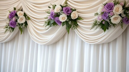 The elegant white curtain, adorned with colorful flowers, creates a romantic wedding backdrop for special moments