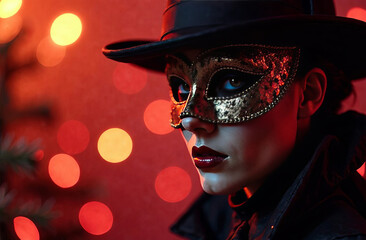 Carnival mask, wearing masquerade mask at party over holiday background with magic glow and bokeh light, place for text 