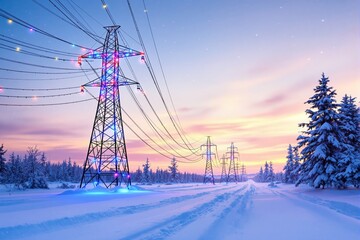 Electric pylons decorated with colorful festive lights, standing in a snowy winter forest under a vivid twilight sky. Concept of celebration. Ai generative