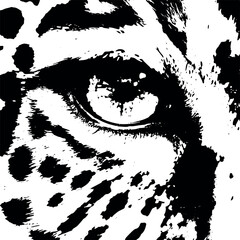 The intense gaze of a leopard's eye, with detailed spots and markings creating a dramatic effect, striking black and white art illustration