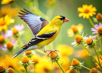American Goldfinch in Flight, Long Exposure, Blurred Background, Nature Photography