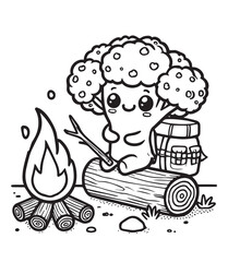 Coloring book cute broccoli campfire illustration 