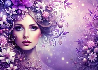Naklejka premium Amethyst Glamour: Vintage Cosmetic Display, Art Nouveau Double Exposure Stock Photo